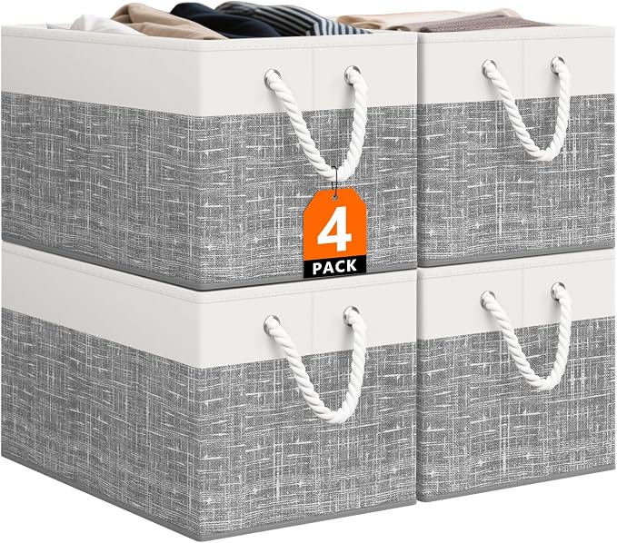 StorageTastic Storage Bin,Collapsible Storage Basket For Organizing,Large Storage Boxes With Rope Handles,Storage Containers,White & Grey,4 Pack by StorageTastic