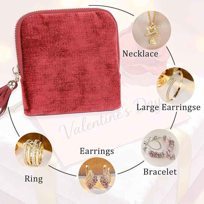 ASINGYER Travel Jewelry Storage Bag for Women, Velvet Portable Jewelry Organizer with Tassel Zipper, Small Pouches for Bracelets Necklaces Rings Earrings, Wedding Gift for Women (Wine red) - Image 4