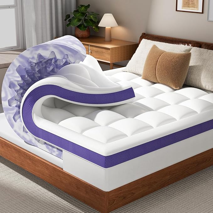 Dual Layer 4 Inch Memory Foam Mattress Topper Full - 2 Inch Gel Memory Foam and 2 Inch Pillow Top Mattress Pad, 7-Zone Egg Crate Full Size Mattress Topper(White)