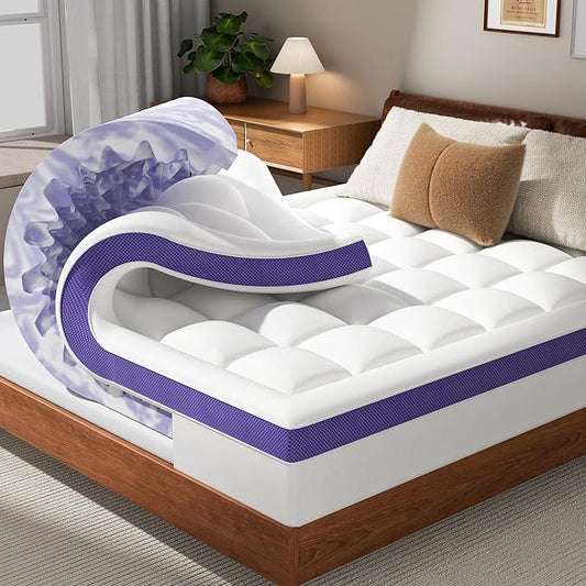 Dual Layer 4 Inch Memory Foam Mattress Topper California King - 2 Inch Gel Memory Foam and 2 Inch Pillow Top Mattress Pad,7-Zone Egg Crate California King Size Mattress Topper(White)