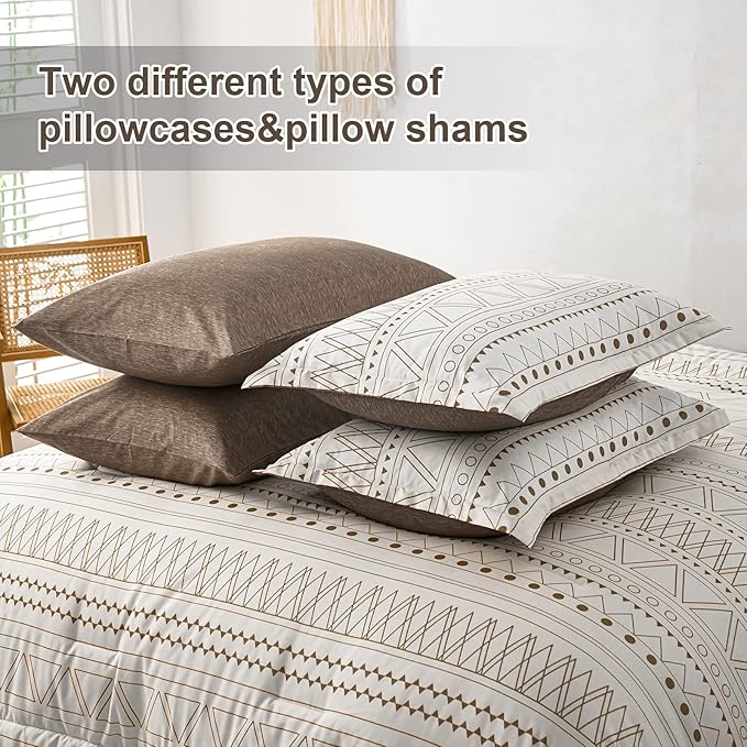 WONGS BEDDING 7 Pieces Brown Comforter Set King Size,Boho Bed in a Bag Geometric Stripe Comforter Reversible Soft Microfiber Bedding Set with Pillowcases & Shams,Flat Sheet,Fitted Sheet