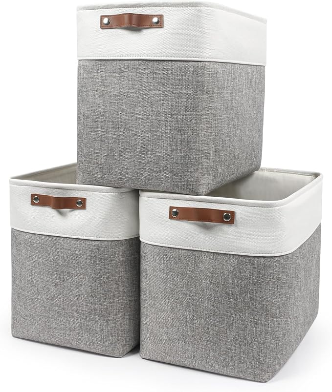 Bagnizer Large Fabric Storage Baskets | 50L Storage Bins, Decorative Linen Closet Baskets with Handles for Organizing, Shelf, Toys, Clothes, Home, Office, Nursery, 17x12x15Inches (Grey&White) by Bagnizer