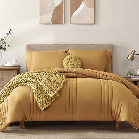Monbix Queen Comforter Set - 7 Pieces Desert Yellow Bed in a Bag Queen Bedding Sets with Comforters, All Seasons Comforter Bed Set with Sheets, Pillowcases & Shams