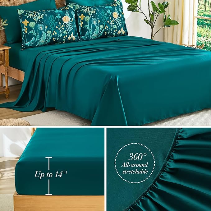 Yiran Queen Comforter Set 7 Piece, Teal Green Floral Bedding Set, Bed in a Bag Queen Size with Botanical Flowers Spring, Soft Lightweight Complete Comforters with Sheets for All Season