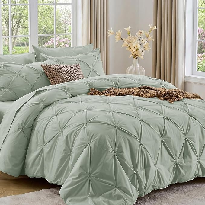 Sasttie California King Comforter Set, 7-Piece Bed in a Bag, Pintuck Bedding Sets for All Season, Includes Comforter, Flat Sheet, Fitted Sheet, Pillowcases and Pillowshams, Dusty Green