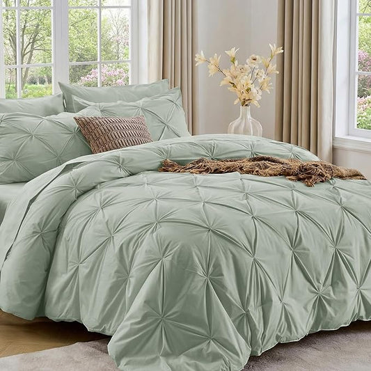 Sasttie Queen Comforter Set, 7-Piece Bed in a Bag, Pintuck Bedding Set for All Season, Includes Comforter, Flat Sheet, Fitted Sheet, Pillowcases and Pillowshams, Dusty Green