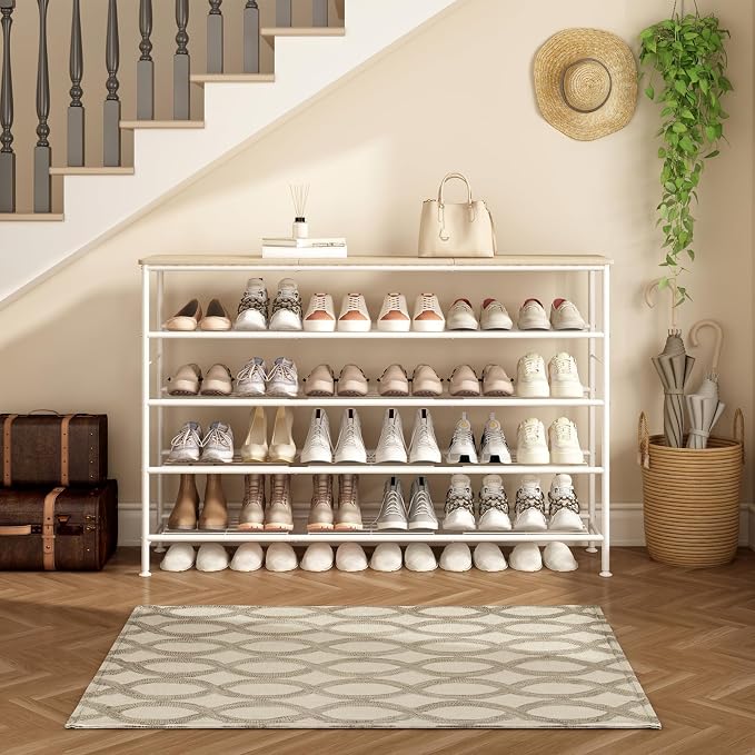 SUOERNUO Shoe Rack Organizer 5 Tier for Closet Entryway Free Standing Metal Storage Shoe Shelf with MDF Top Board (White+Oak, Large 5 Tier) - Image 4