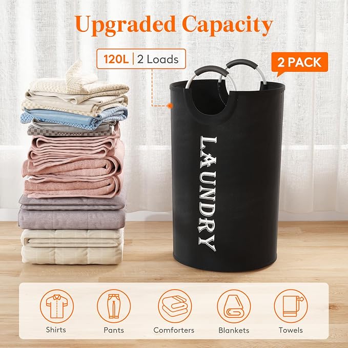 Lifewit 120L 2-Pack Large Laundry Basket, Collapsible Laundry Hamper with Aluminum Handles, Waterproof Freestanding Dirty Clothes Hampers for Laundry Room Bedroom Dorm Bathroom, Black - Image 4