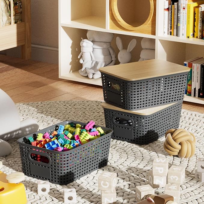 6Pcs Storage Bins with Lids, Stackable Plastic Storage Basket with Bamboo Lid, Pantry Organizer Box Small Containers for Organizing Shelves Drawer Desktop Closet Cabinet Office Classroom 10x7.1x4.1in - Image 5