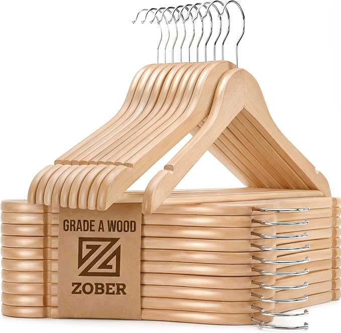 ZOBER High-Grade Wooden Hangers - Heavy Duty, Non Slip Wood Hangers for Coats, Jackets, Suits, & Pants - Clothes Hangers for Closet W/Bar and Notches 20 Pack by ZOBER