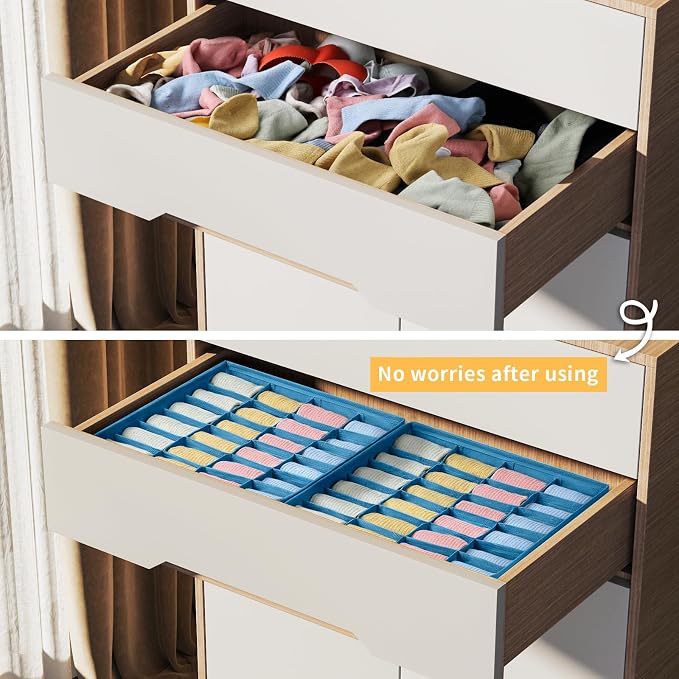 Joyoldelf Sock Organizer Drawer Organizer - 2 Packs Underwear Organizer, 24 Cells Collapsible Closet Organizers and Storage Sock Holders Organizers for Storing Socks, Ties, Belts(Blue) - Image 7