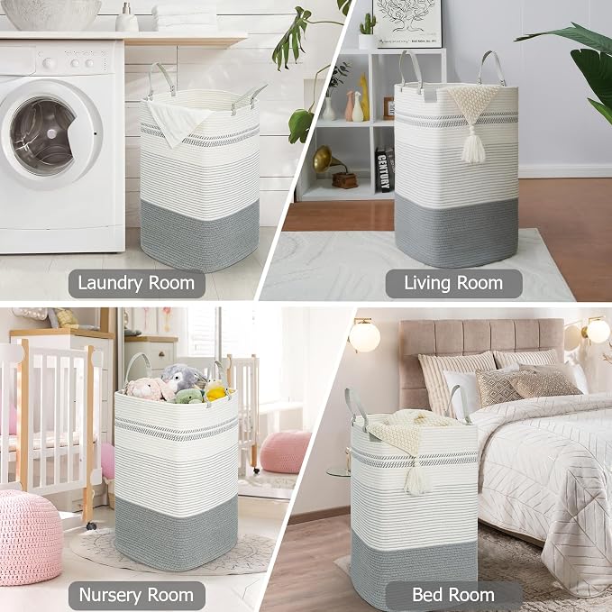 danpinera 100L Nursery Hamper, Tall Woven Laundry Basket with Long Leather Handles, Boho Laundry Hamper for Living Room & Bedroom, Eco-friendly & Convenient Decorative Storage Basket White & Gray - Image 8