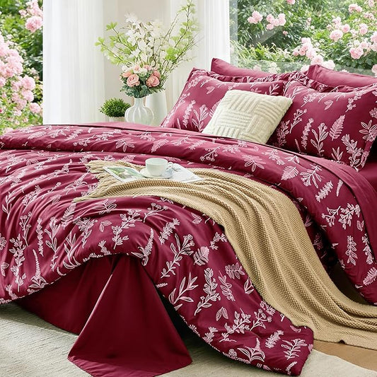 MUXHOMO Burgundy Full Comforter Set, Elegant Floral Print Bed in a Bag 7 Pieces, Ultra Soft & Breathable Reversible Botanical Pattern Bedding Set with Comforter, Sheets, Pillowcases, and Shams