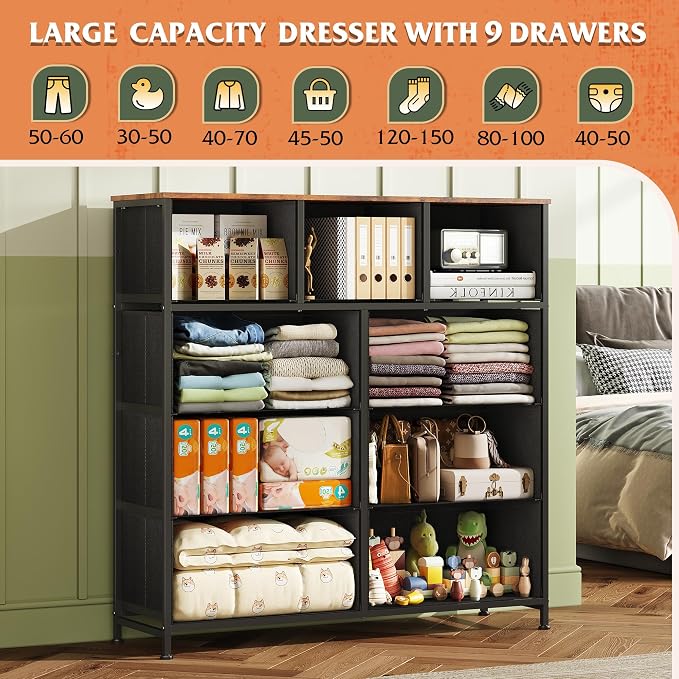 WLIVE 9 Drawer Dresser, Fabric Storage Tower for Bedroom, Hallway, Closet, Tall Chest Organizer Unit for Bedroom with Fabric Bins, Steel Frame, Wood Top, Easy Pull Handle, Pattern - Image 4