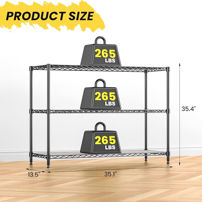 795LBS 3-Shelf Adjustable Storage Shelves 35.1" W x 14" D x 36" H Metal Shelving Unit Heavy Duty Wire Rack Small Organizer with Shelf Liners for Kitchen Pantry Bathroom Closet Garage Black - Image 3