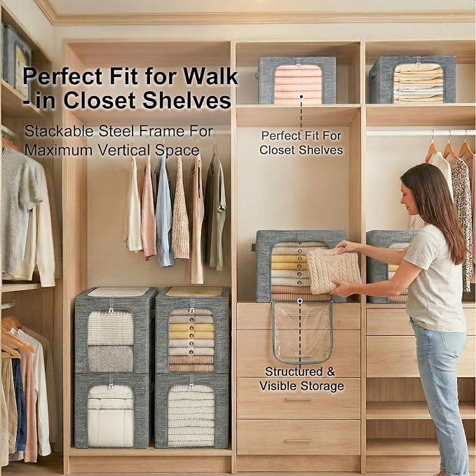 GoMaihe Clothes Storage Bins Metal Frame: 3-Pack Compact Stackable Closet Storage Bin with Lid & Clear Window, Space Saving Organizer for Sweaters Kids Clothes (Dorm/Closet 27L) - Image 7