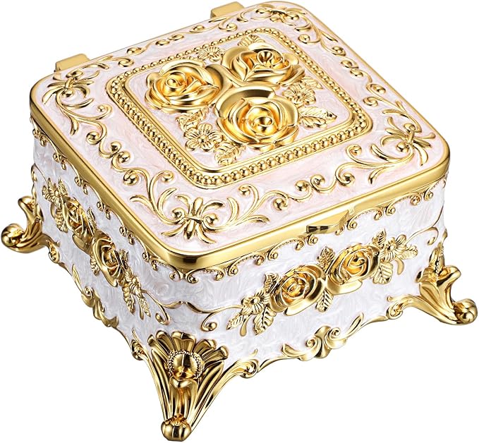 Hipiwe Vintage Jewelry Box Rectangular Trinket Chest Metal Treasure Holder for Ring Earrings Organizer Keepsake Box Gift for Woman, Beige, 5.1" L x 5.1" W x 3.1" H by Hipiwe