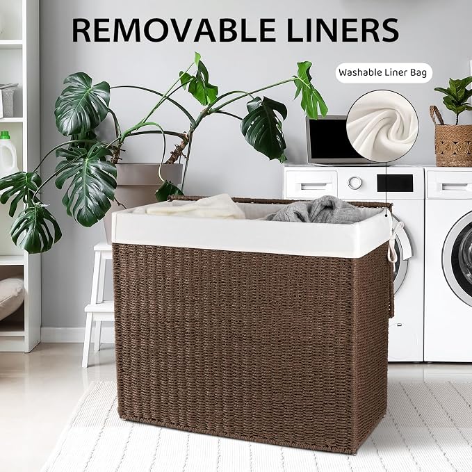 OIAHOMY Large Laundry Hamper with Lid, 35.7 Gal (140L) Wicker Hamper with Removable Liner Bag, Handwoven Clothes Basket with Handles, Foldable Paper Rope Basket for Laundry Room, Bedroom-Brown - Image 6