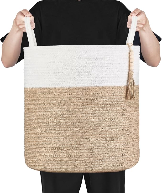 Mkono Woven Storage Basket Decorative Rope Basket Wooden Bead Decoration for Blankets,Toys,Clothes,Shoes,Plant Organizer Bin with Handles Living Room Home Decor, 15"Wx17.7"L,White and Yellow - Image 6