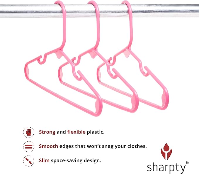 Sharpty Kids Plastic Hangers, Children's Hangers for Baby, Toddler, and Child Clothes - Everyday Standard Use - Ideal for Boys and Girls Closet, Clothing, Pants, Coats, and More - Pink, 20 Pack - Image 2