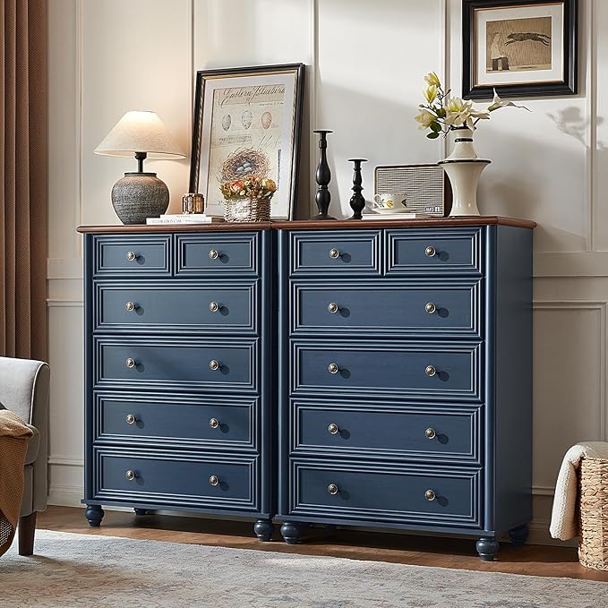 RWYHG Farmhouse 6 Drawer Dresser, Blue Chest of Drawers, 43.5" Tall Dressers for Bedroom with Roman Column and Metal Handles, Rustic Wood Storage Organizer for Living Room, Hallway, Closet