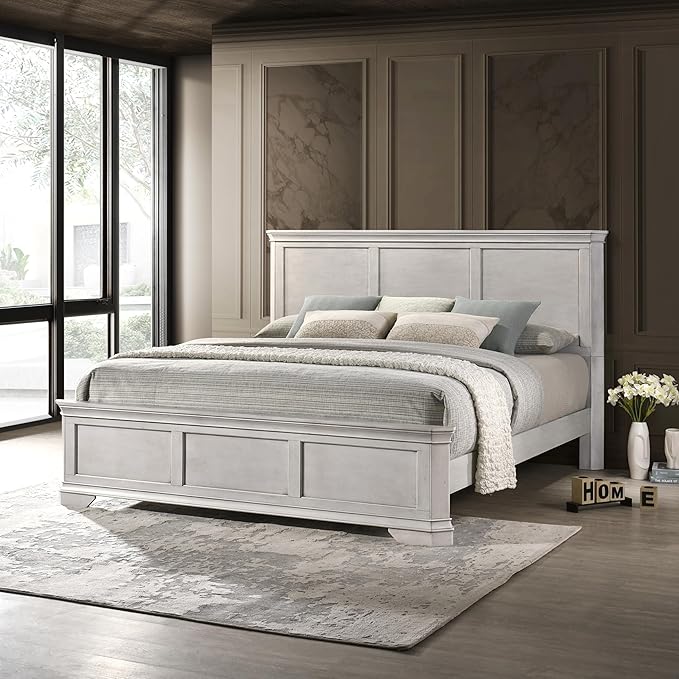 Roundhill Furniture Maderne Wood Panel Bed with Two Nightstand, King, Antique White Finish