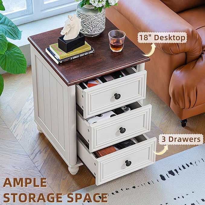 RWYHG 18" Farmhouse Night Stand, White Wood Nightstand with 3 Drawers, Bedside End Table with Storage and Roman Column, Bed Side Tables Cabinet for Bedroom, Living Room, and Closet