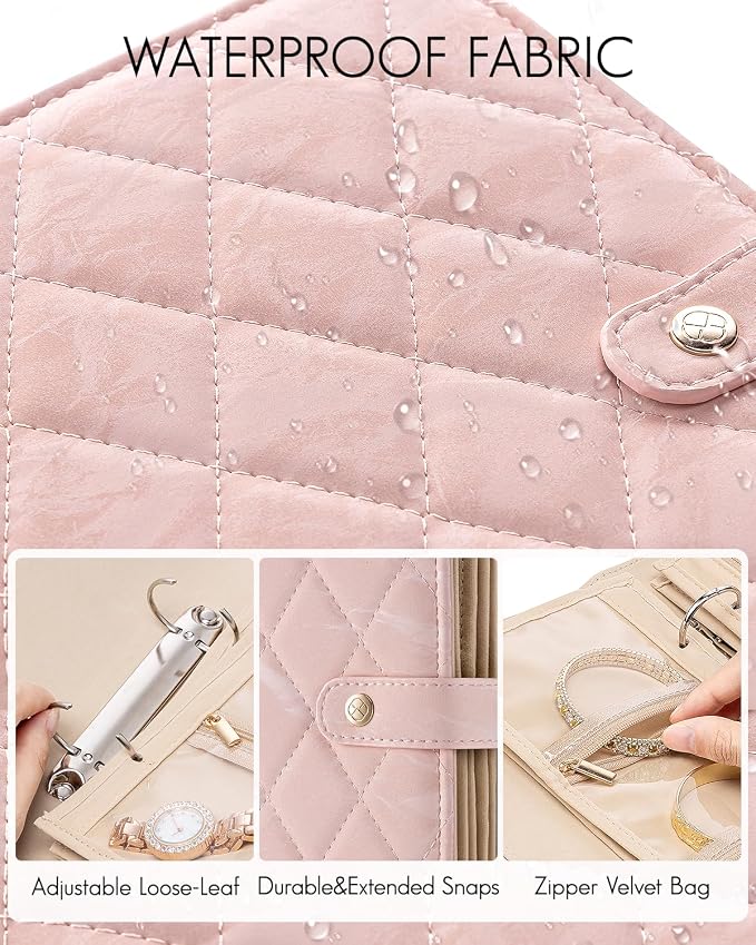 VLANDO Travel Jewelry Organizer Case,Jewelry Storage Book Ring Binder with Clear Zipper Velvet Pouch Bag for Travel Essentials,Rings,Necklace,Earrings,Bracelets,Brooches,Gifts for Women-Sand Pink - Image 4