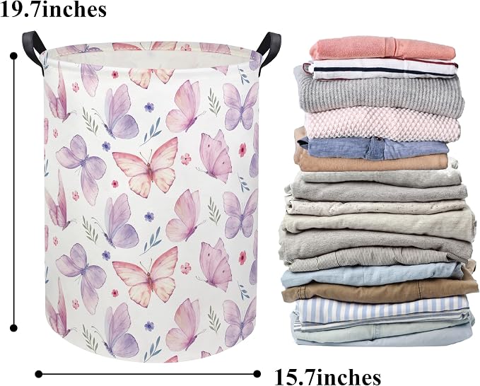 HIYAGON Butterfly Baby Laundry Basket Baby Hamper for Nursery Girl Kids Butterfly Hamper Cute Kids Toys Storage Bin Organizer Butterfly Room Decor for Home(Watercolor Butterfly) - Image 6