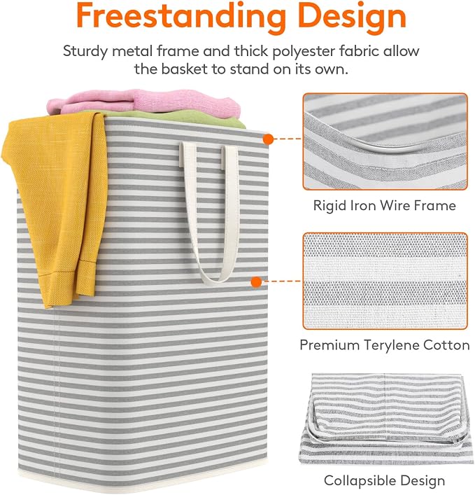 Lifewit 1 Pack Laundry Basket 65L Each, Collapsible Clothes Hamper with Reinforced Handles, Freestanding Waterproof Design for Bedroom and Laundry Room, Grey 65L Total - Image 2