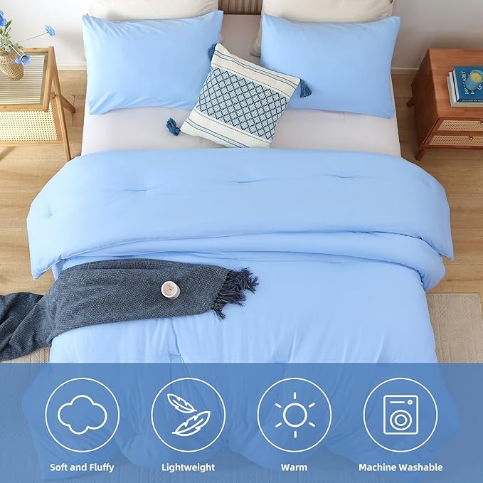ROSGONIA Queen Comforter Set Light Blue, 3pcs Bedding Comforter Sets (1 Comforter & 2 Pillowcases) All Season Soft Lightweight Bedspread Blanket Quilt