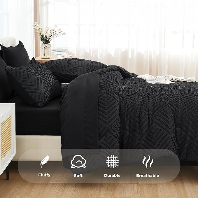 Andency California King Comforter Set with Sheets Black - 7 Pieces Bed in a Bag Cal King Boho Lightweight Fluffy Tufted Bedding Sets with Comforter, Sheets, Pillowcases & Shams