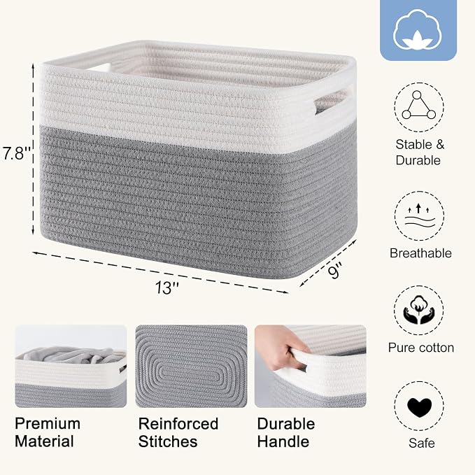 4 Pack Storage Baskets for Organizing, Woven Baskets for Shelves - Perfect for Toys, Books, Towels, and Clothes, Durable Gift Basket Bins Toy Storage, 12.7''L x9''W x7.8''H, Grey and White - Image 3