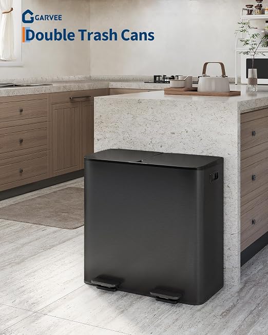 GarveeHome 2 x 10.6 gal (2 x 40 L) Double Kitchen Trash Can, Stainless Steel Large Trash Can w/Soft-Close Lid & Recycle Bin Combo, Step-on Metal Garbage Cans, PP Inner Buckets, Liner Rim, Black - Image 2