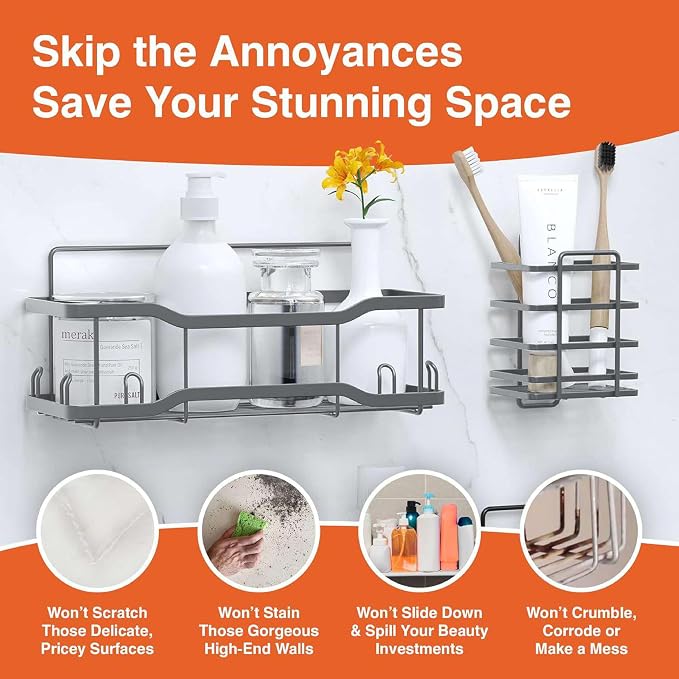 Shower Caddy Bathroom Shelves, The Athena Silken 4 Set, 40LB Capacity, Adhesive Tape - No Drill - Rustproof -Gorgeous Powder Coated 304 Stainless Steel Shower Organizer for kitchen & Home Decor - Grey - Image 8