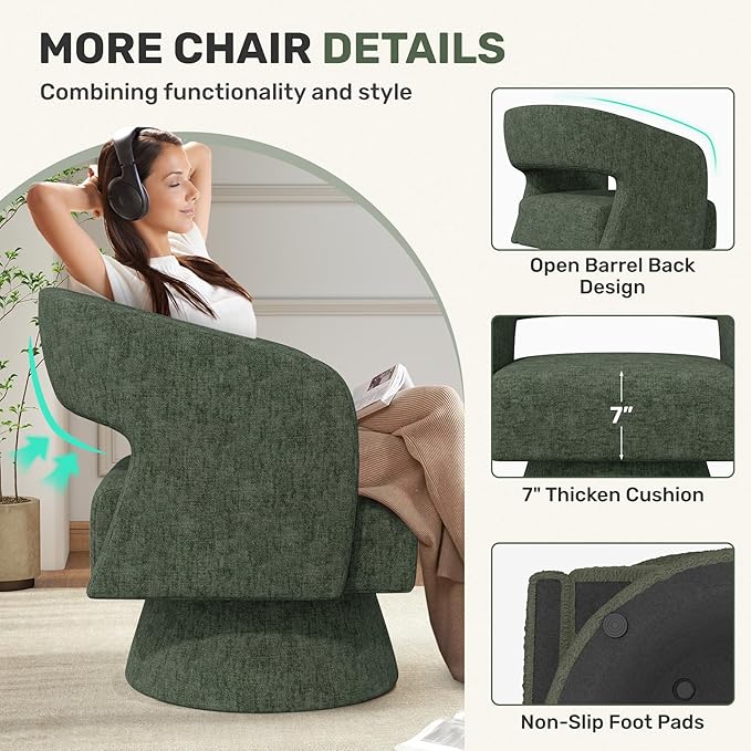 Nebuaegis Swivel Accent Chair Set of 4, Modern Comfy Chenille Barrel Chairs, Oversized Upholstered Round Arm Chair for Living Room, Bedroom, Reading Room, Green