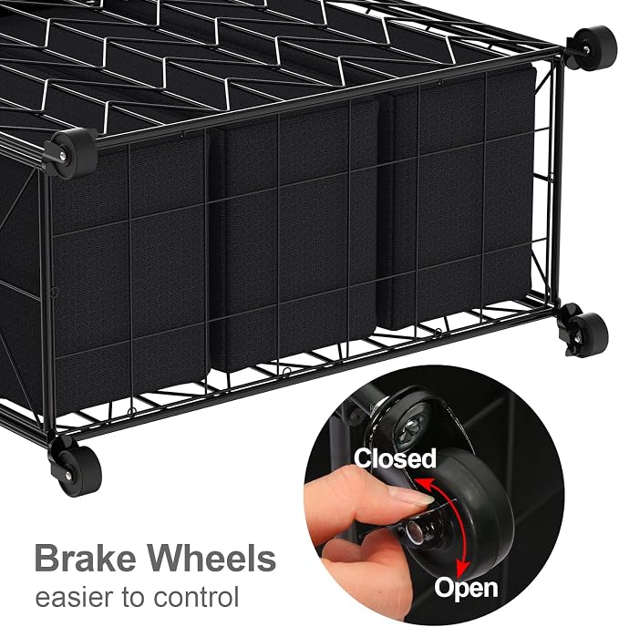WOWLIVE Laundry Basket with Wheels, 142L Hamper 3 Section with Lid, Dirty Clothes Hamper with Removable Bags, Large Capacity Iron-Made Organizer Laundry Sorter for Dorm, Black - Image 7