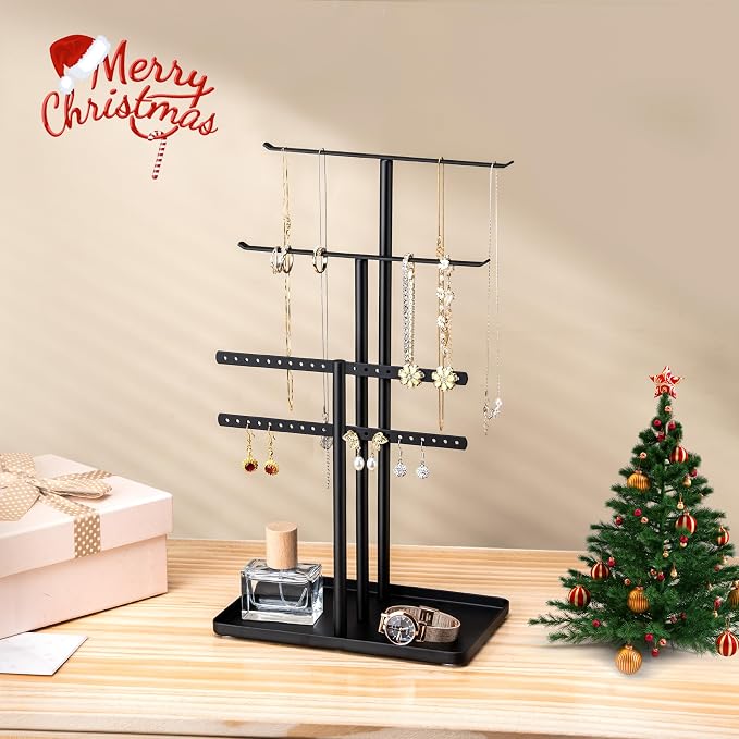 pickpiff Black Jewelry Stand Holder Organizer: 14.5" Sturdy Hanger for 80 Pcs Jewelry, Jewlery Tower for Display Necklace, Earring, Bracelet, Watch - Image 2