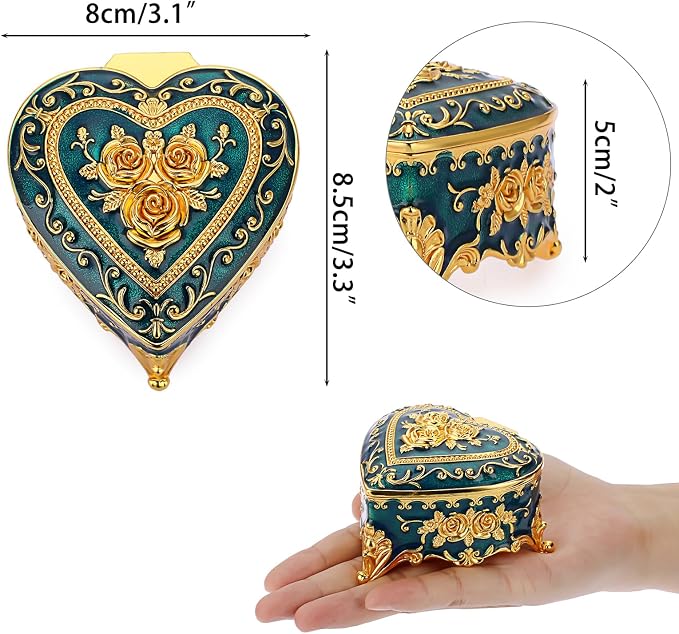 Hipiwe Vintage Metal Jewelry Box - Heart Shape Trinket Box Ring Case with Rose Pattern Jewelry Storage Box for Ring Earrings Necklace, Keepsake Box for Women, Blue - Image 4