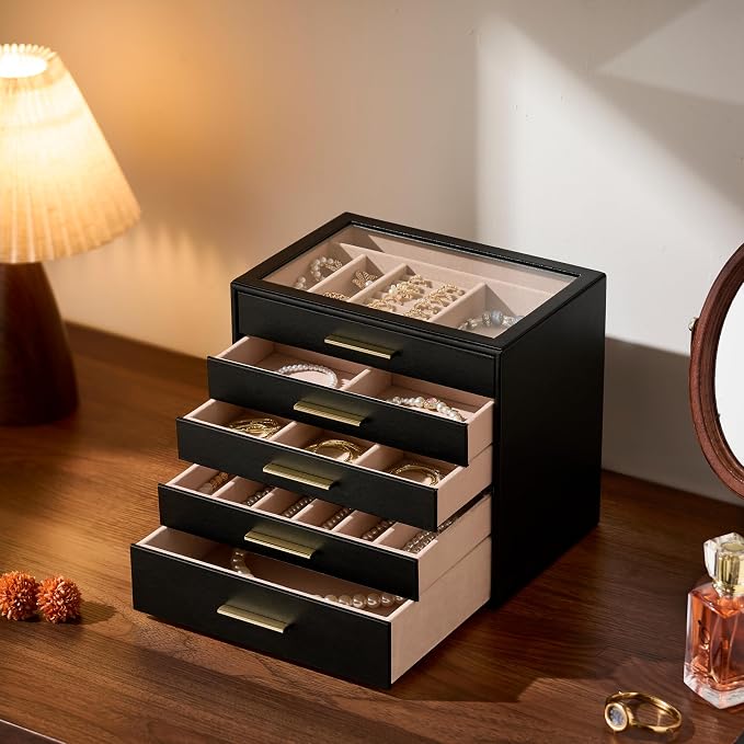 pickpiff Jewelry Box Organizer Case for Women: 5-Layer Jewelry Storage Case with Glass Window, Black Leather with Blush Velvet, Holder for Ring Necklace Bracelet Brooch Watch, Great Gift for Her - Image 3