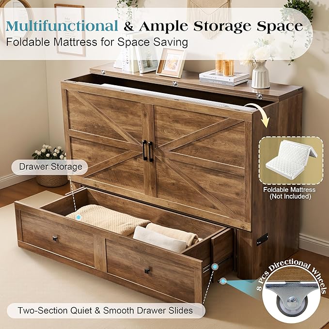 LUXOAK Full Murphy Bed with Storage and Charging Station, Farmhouse Cabinet Bed, Noise-Free, for Guest Room, Apartment, or Office, Barnwood