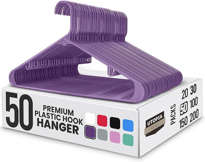 Utopia Home Plastic Hangers 50 Pack - Clothes Hanger with Hooks - Durable & Space Saving Coat Hanger - Heavy Duty Purple Hangers - Skirt Hangers by UTOPIAHOME