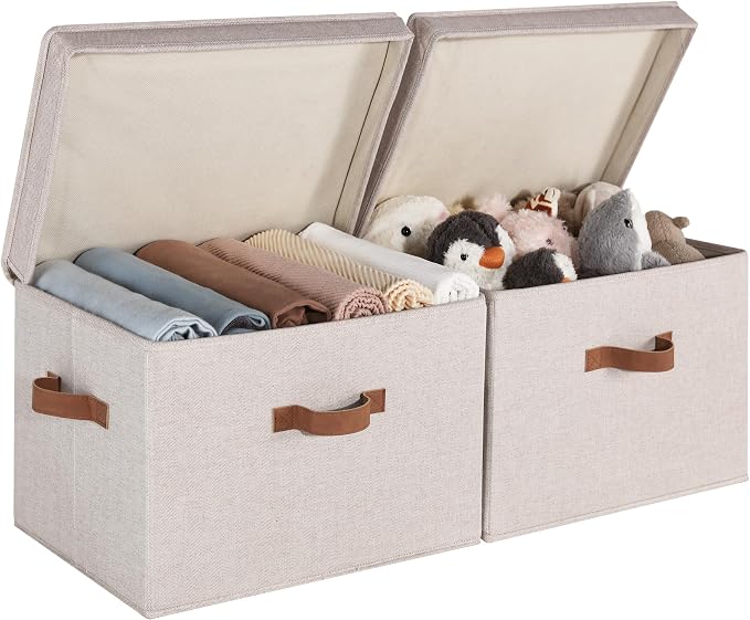 StorageWorks Fabric Storage Bins with Lid, Decorative Storage Boxes for Shelves, Stackable Closet Organizer Basket with Handles, Jumbo, Brown and Beige, 2-Pack by StorageWorks