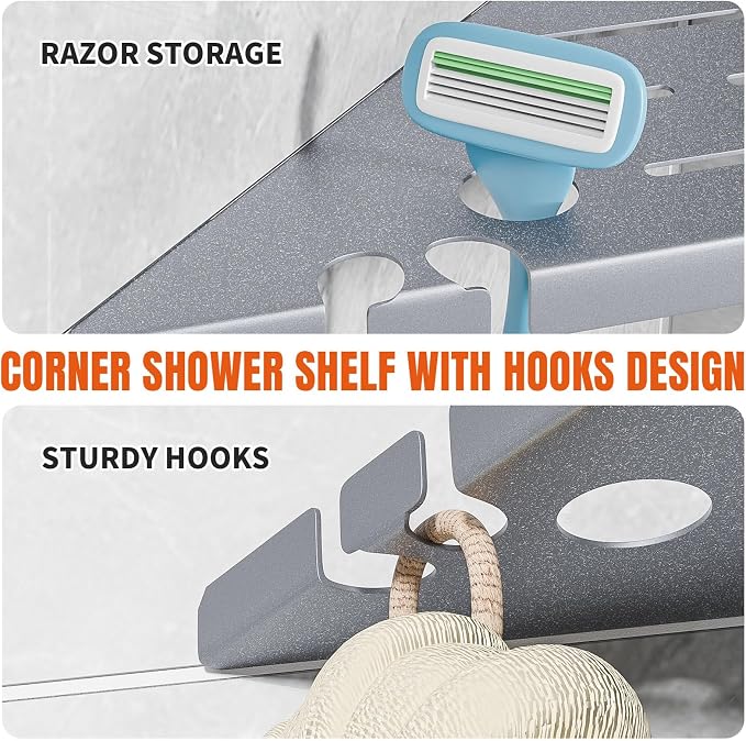Shower Corner Shelf Organizer Rack with Hooks & Razor Hole, No Drilling Tile Shower Shelves, Rustproof Stainless Steel Bathroom Shelves Basket, Modern Corner Shelf for Bathroom, 2Pack-Silver - Image 3