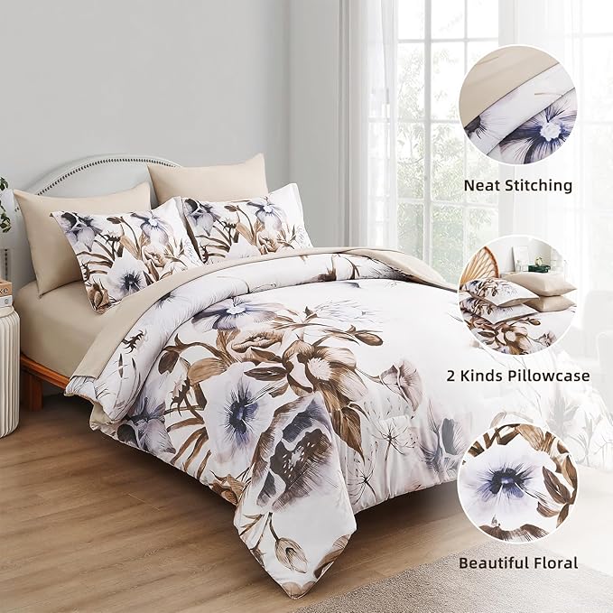 Luxudecor Floral Comforter Set Full Size 7 Piece, Beige Flower Bed in a Bag, Elegant Floral Comforter with Sheet Set, Soft Microfiber Bedding Set for All Season (Beige, 80"x90")