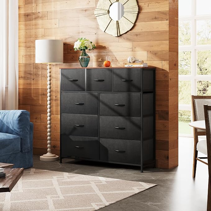 WLIVE 9 Drawer Dresser, Fabric Storage Tower for Bedroom, Hallway, Closet, Tall Chest Organizer Unit for Bedroom with Fabric Bins, Steel Frame, Wood Top, Easy Pull Handle, Black and Rustic Brown - Image 4