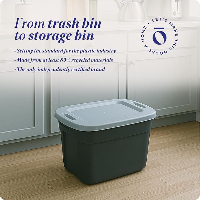 HOMZ 10-Pack Durable Molded Bin, Plastic Storage Containers w/Lids, 10 Gallon, Black/Gray - Stackable Organizer Totes and Boxes for Bedroom, Kitchen, and Garage Organization