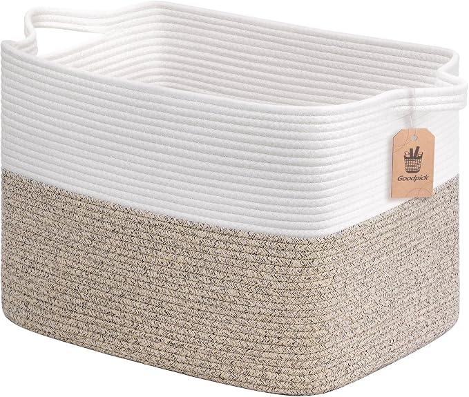 Goodpick Woven Baskets for Organizing, 18" x 14" x 12" Blanket Storage for Living Room Home Decor, Rectangle Toy Storage Basket for Kids, Large Gift Baskets Empty, White & Brown by Goodpick
