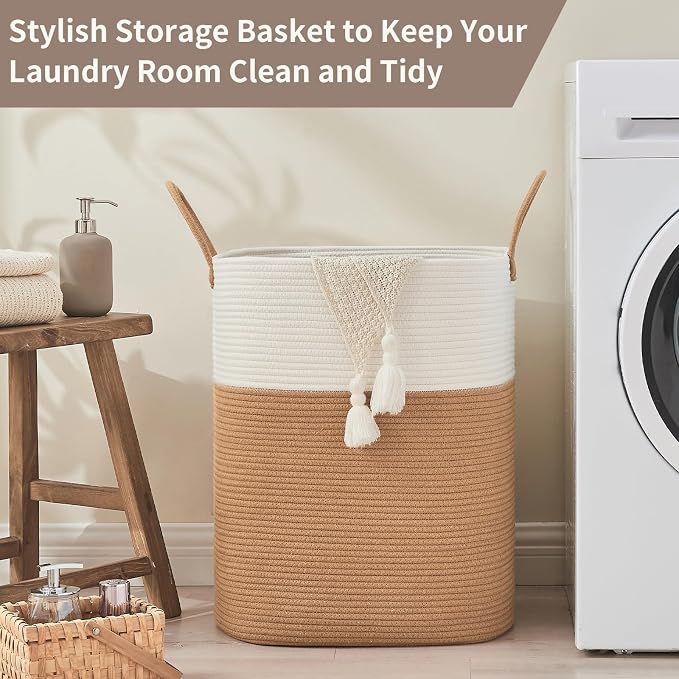 AINUOQI Laundry Basket with Handles - Blanket Basket & Hampers for Bedroom Aesthetic, Laundry Hamper & Blanket Storage for Living Room, Clothes Hamper, Tall, Large 17" x 14" x 22”, White & Jute - Image 5
