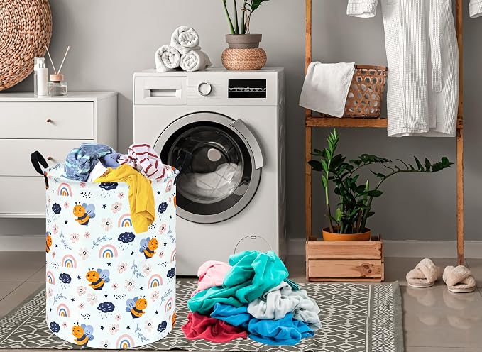 MAIZMZ Rainbow Bee Print Canvas Laundry Basket,Waterproof Storage Bin with Handles 15.7" D×19.7" H Foldable Toy Organizer Decor Gift Basket for Kids' Bedroom & Home Organization - Image 4